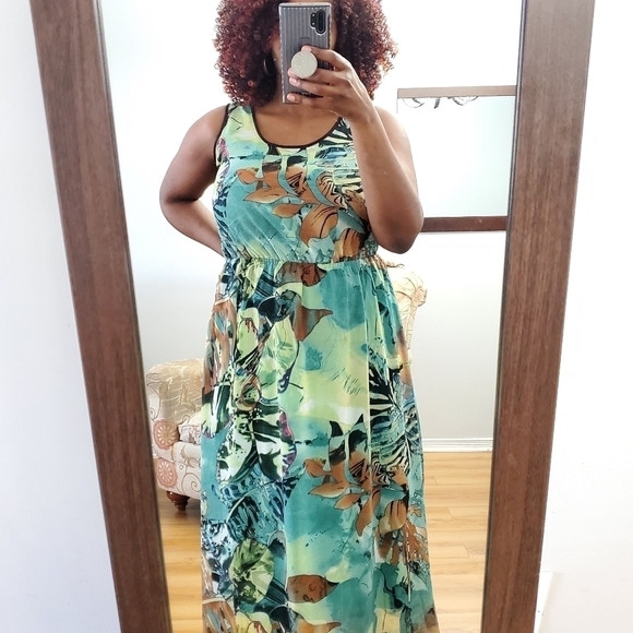 FUN & Flirt Women Sleeveless Green Dress Size Large Tropical Maxi Dress - Picture 6 of 15